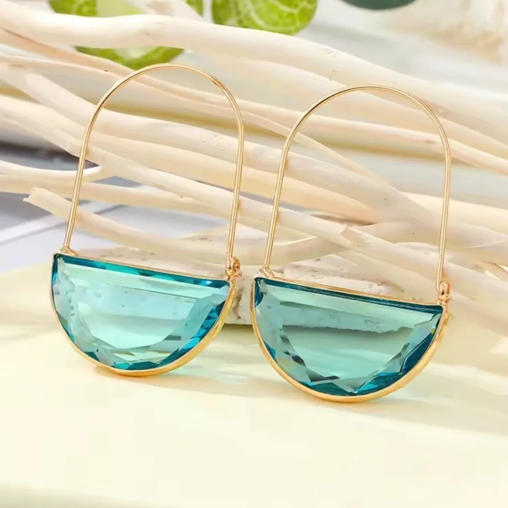 Anthropologie Blue Glass Crescent Hoop Gold Earrings